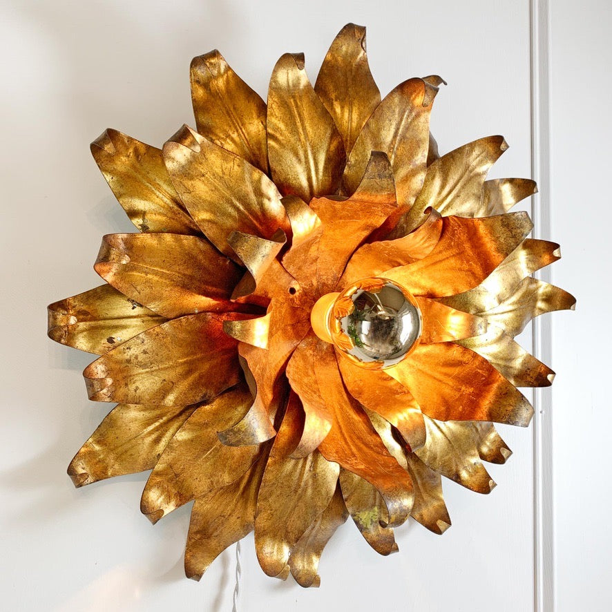 1960s Large Toleware Italian Gold Flower Light