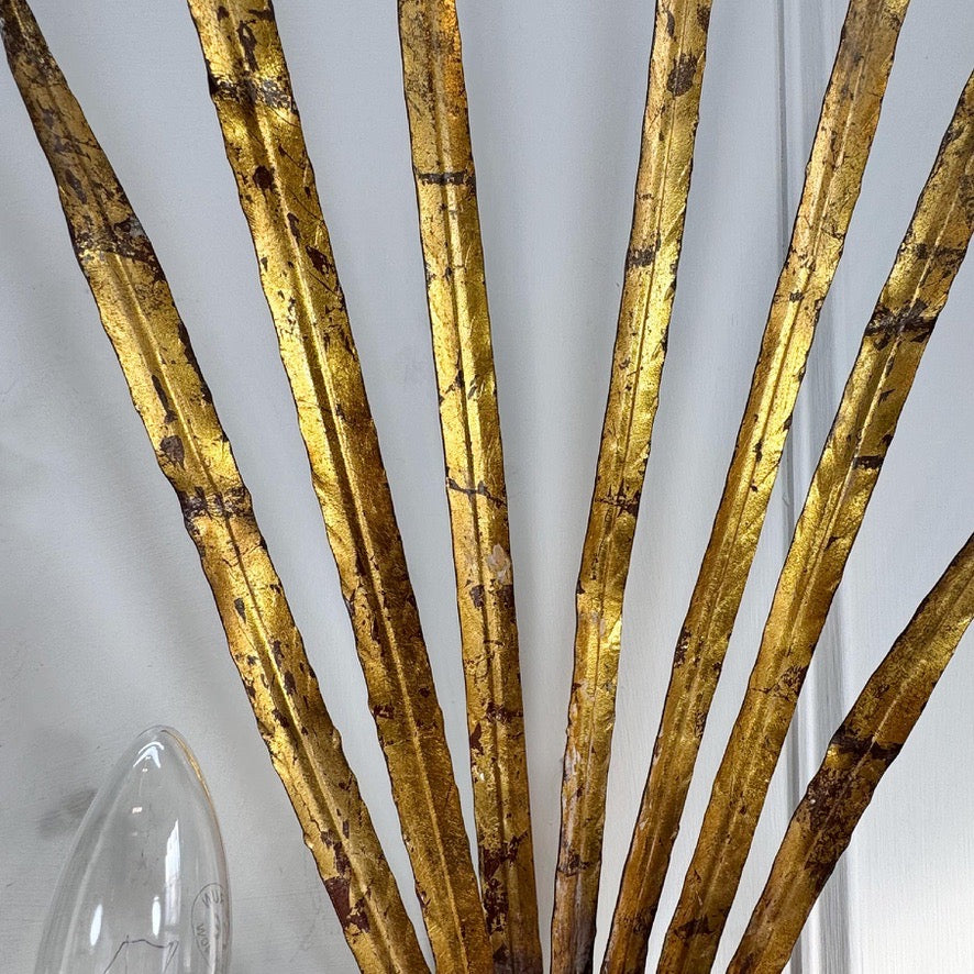 Pair of Vintage Gold Reed Leaf Wall Lights by Ferrocolor Spain 1950's