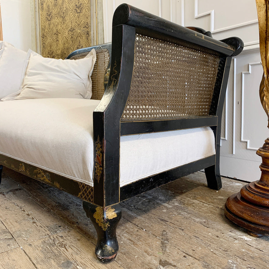 Edwardian Black Chinoiserie Bergere Cane Settee circa 1900