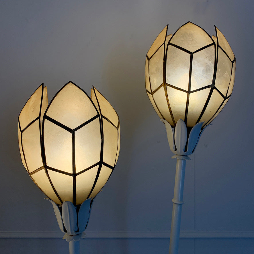 1980's White Bamboo & Bulrush Floor Lamp With Shell Shades