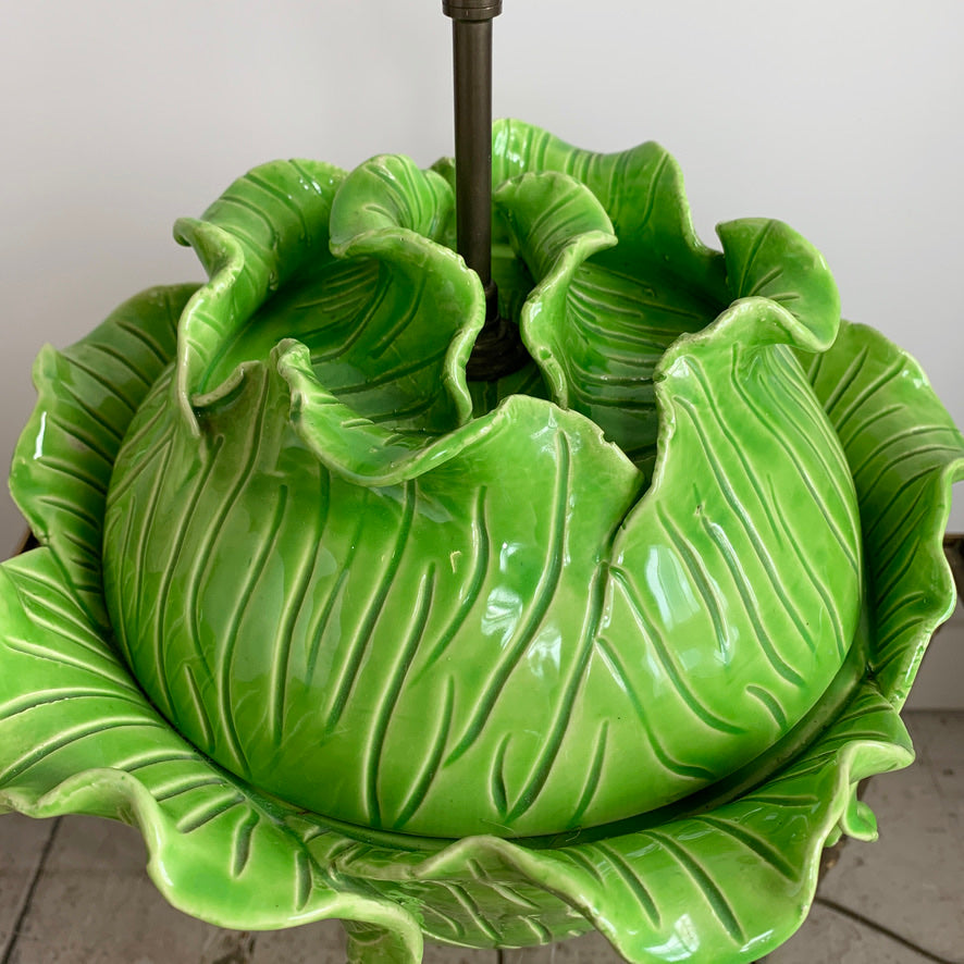 Jean Roger Life Size Green Ceramic Lettuce Table Lamp Paris 1950's