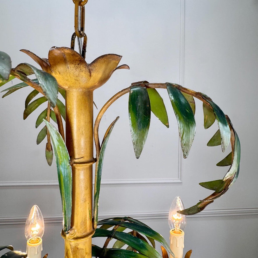 Large Faux Bamboo Palm Leaf Italian Tole Chandelier 1960's