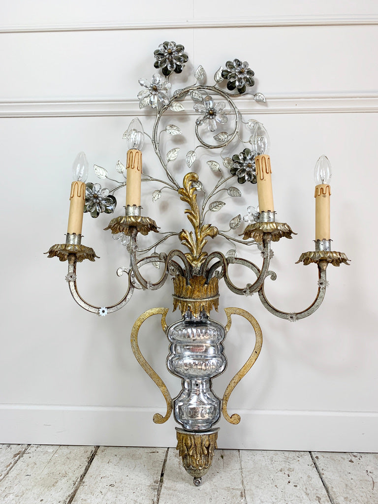 Monumental Gilt Iron and Murano Crystal Banci Firenze Wall Light