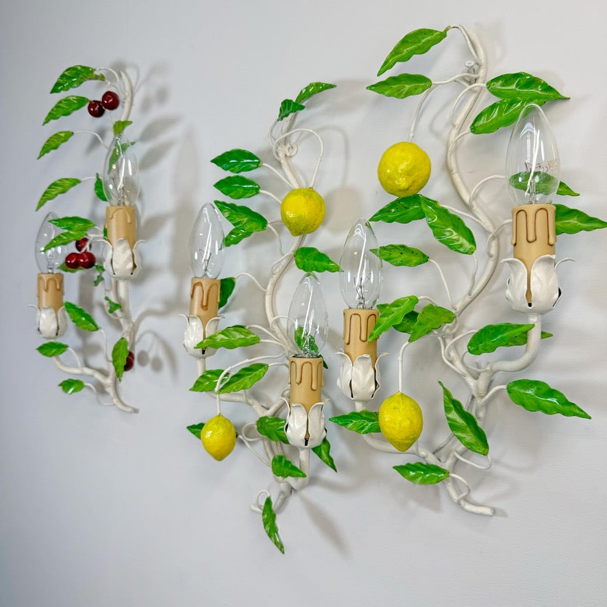 Italian Lemon and Cherries Tole Wall Lights Set of 3