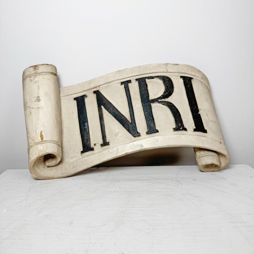 Carved Wood Religious INRI Scroll 18th Century