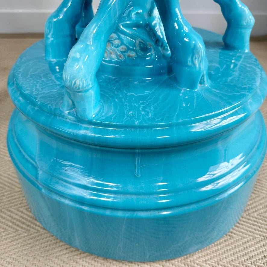 Jerome Massier Blue Glazed Faience Satyr Planter and Stand