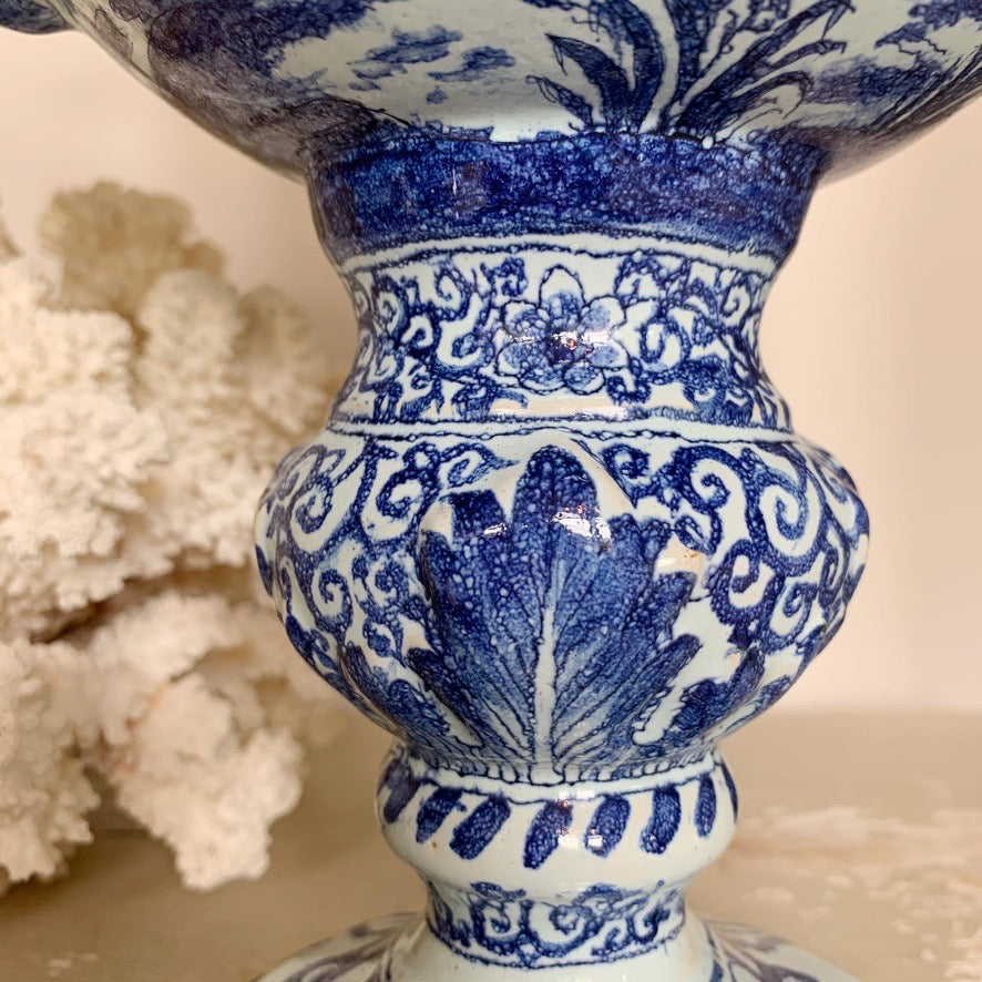 Late 18th Century Delft Style Blue and White Bacchus Serpent Handled Vase