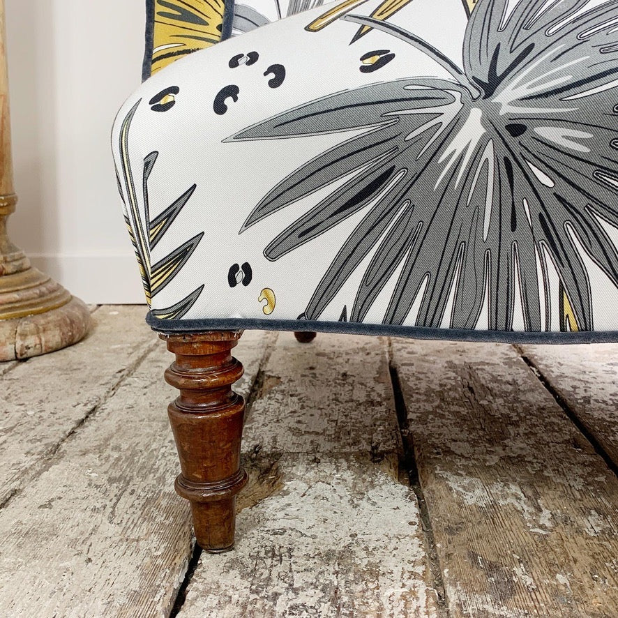 19th Century French Napoleon lll Armchair and Footstool in Tropics 'Fan Palm' Fabric