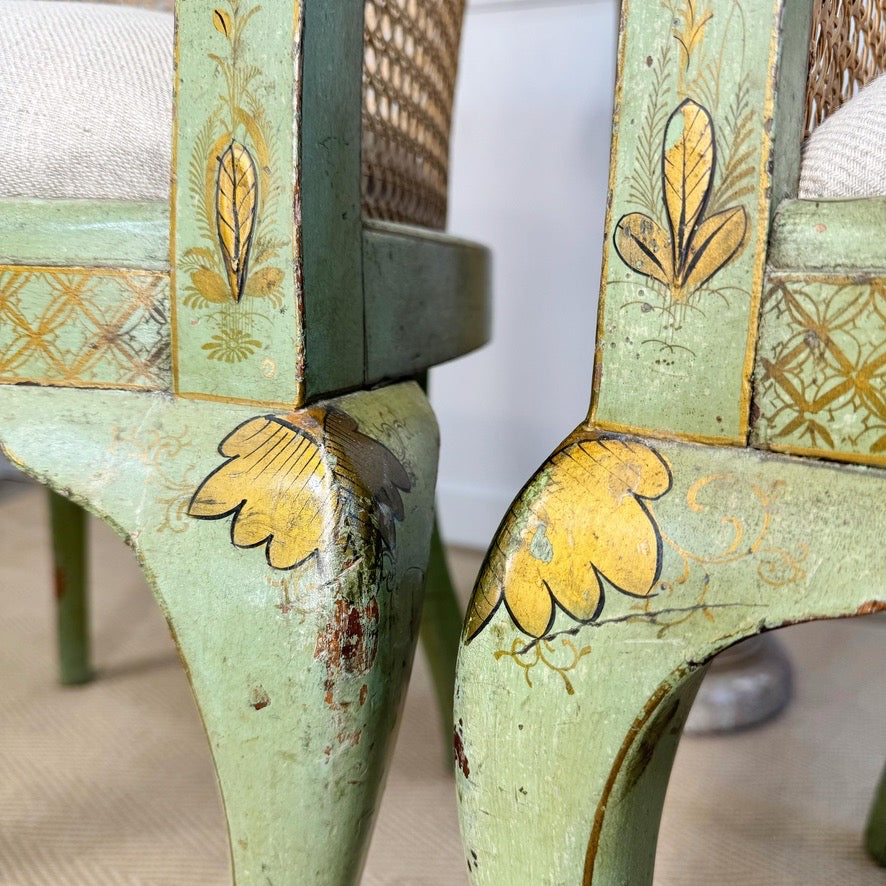 Pair of 19th Century Green Queen Anne Revival Chinoiserie Bergere Chairs