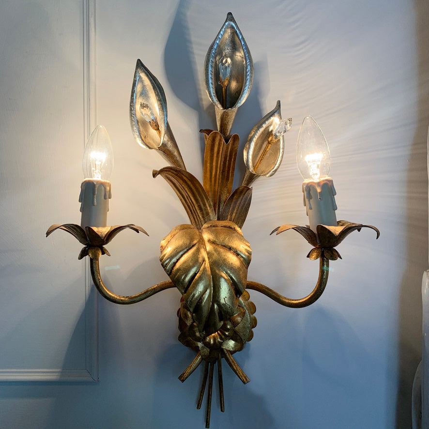 Pair of Hans Kogl Gold & Silver Calla Lily Wall Sconce, C 1970'S