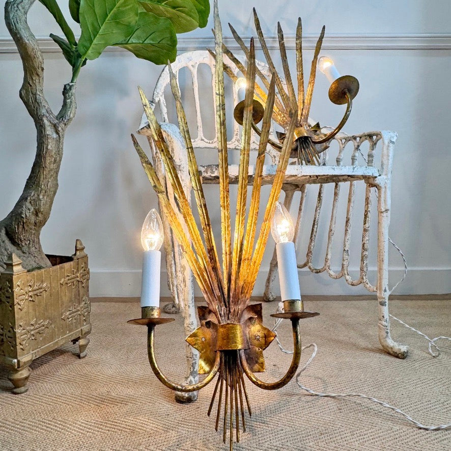 Pair of Vintage Gold Reed Leaf Wall Lights by Ferrocolor Spain 1950's