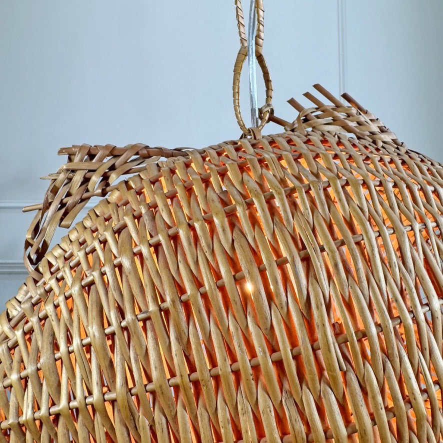 1950s Large Wicker Fish Pendant Light