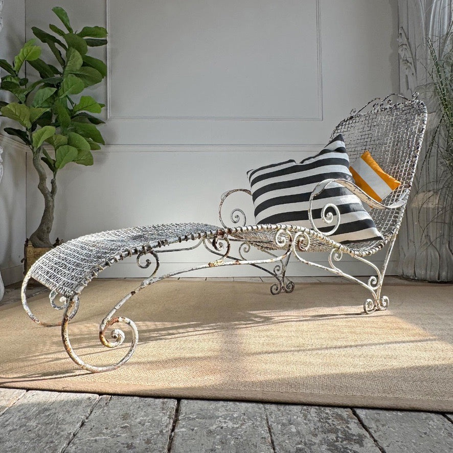 Antique Wrought Iron and Wirework Garden Lounger