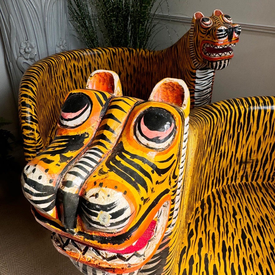 Vintage Pair of Indian Polychrome-Decorated Tiger Throne Chairs