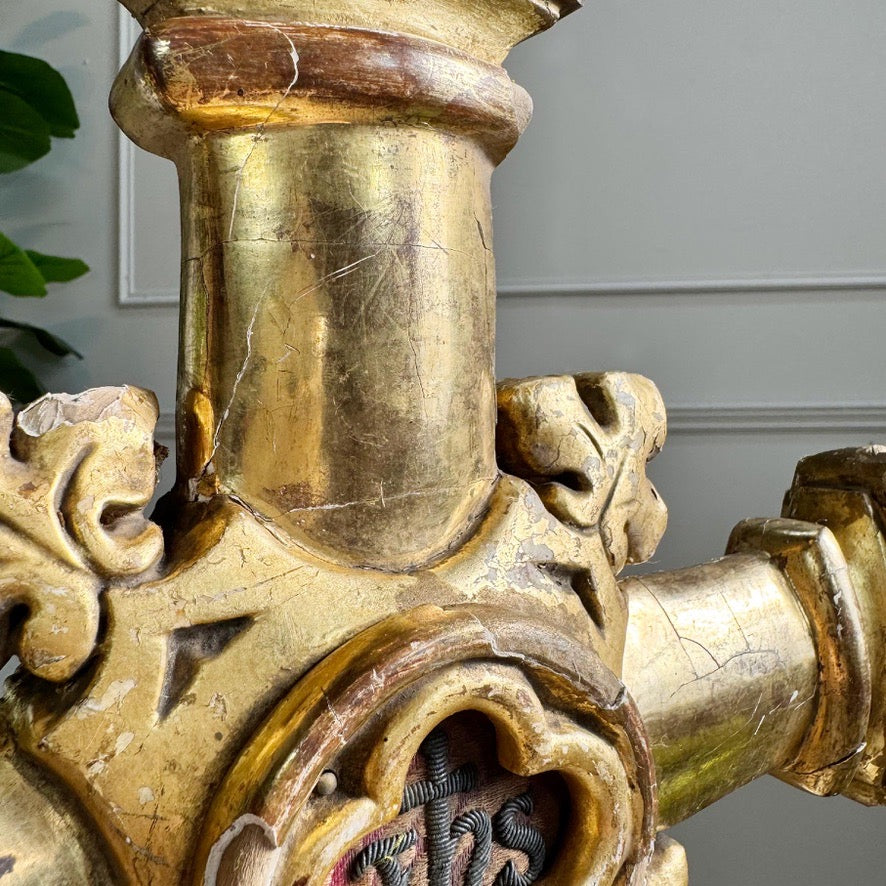 18th Century Water Gilded Processional Cross with Embroidered IHS