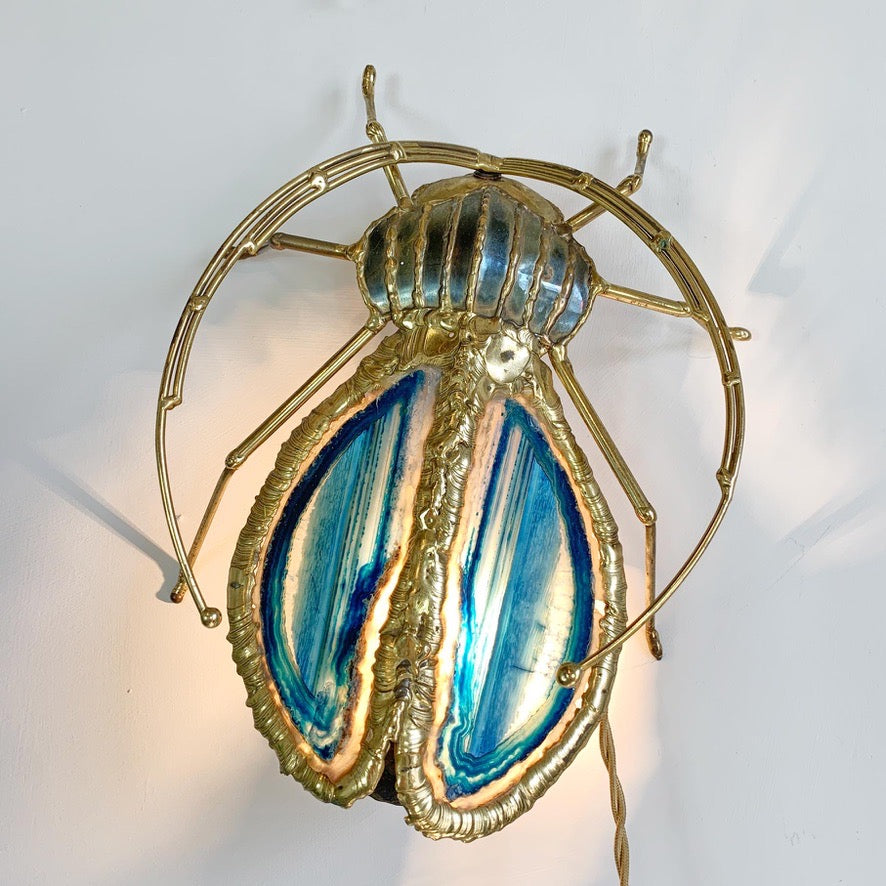 Henri Fernandez Illuminated Gold Blue Agate Sculpture of a Longhorn Beetle