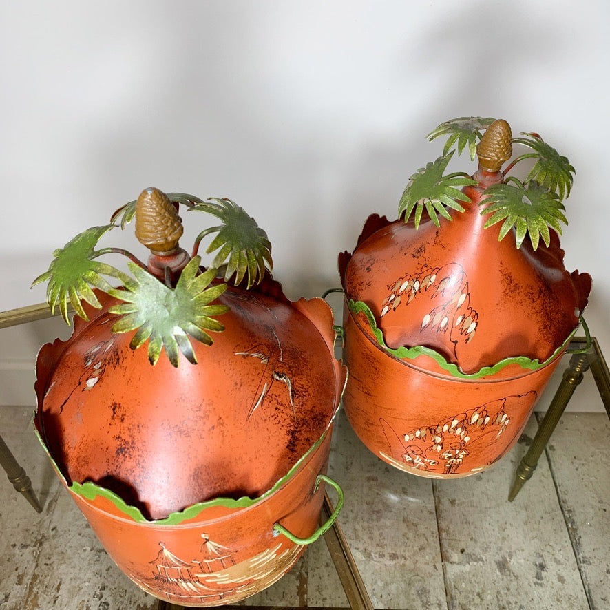 Red Italian Hand Painted Chinoiserie Ice Buckets 1950's