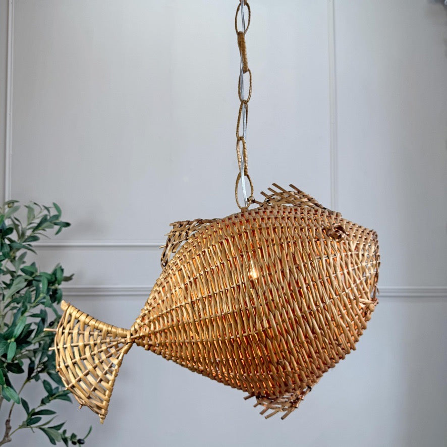 1950s Large Wicker Fish Pendant Light