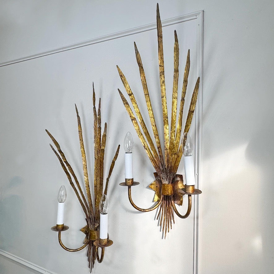 Pair of Vintage Gold Reed Leaf Wall Lights by Ferrocolor Spain 1950's