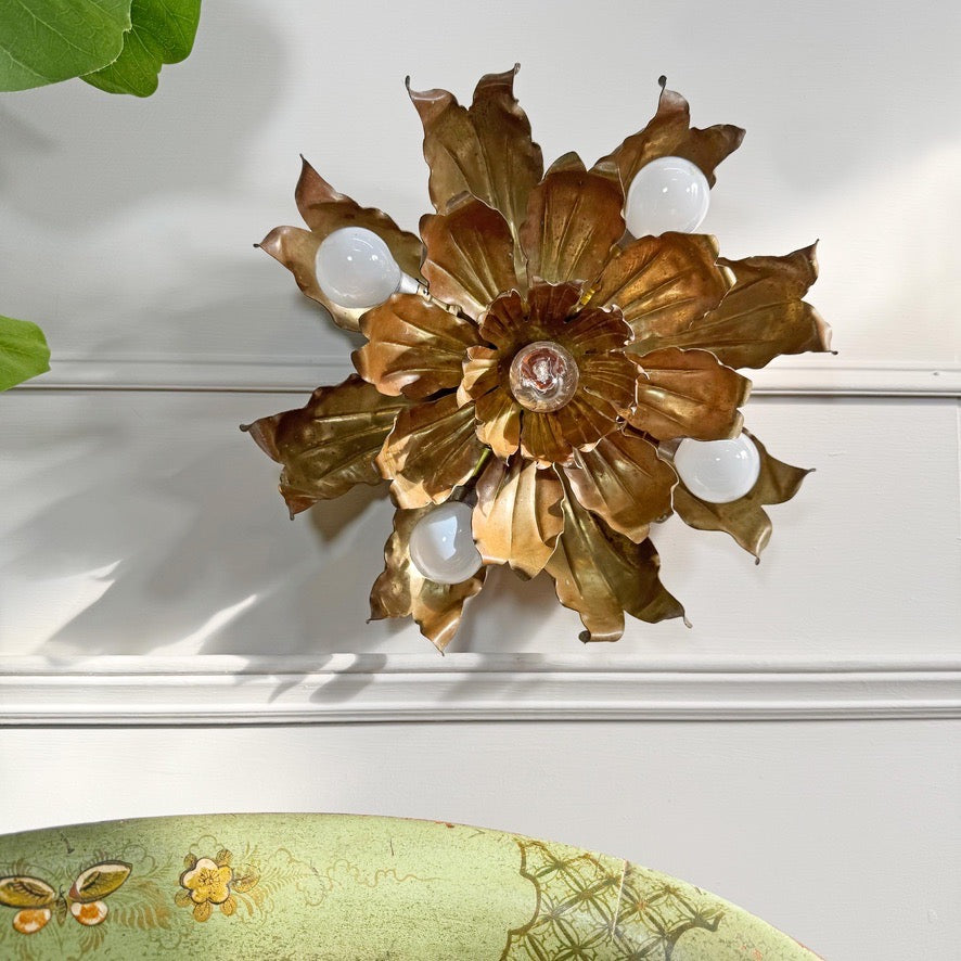 Mid Century Brutalist Copper and Brass Flower Ceiling Light