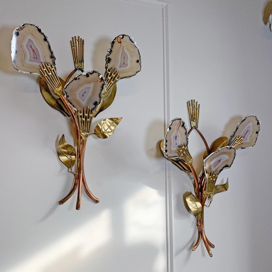 Henri Fernandez Signed Agate and Brass Wall Lights