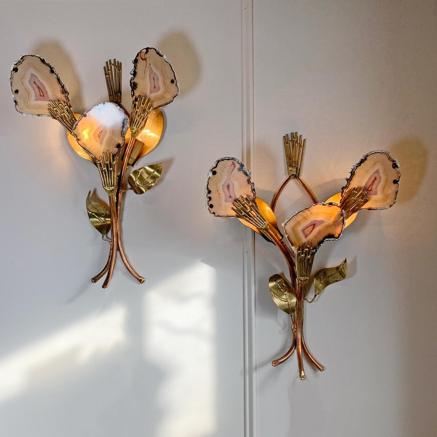 Henri Fernandez Signed Agate and Brass Wall Lights