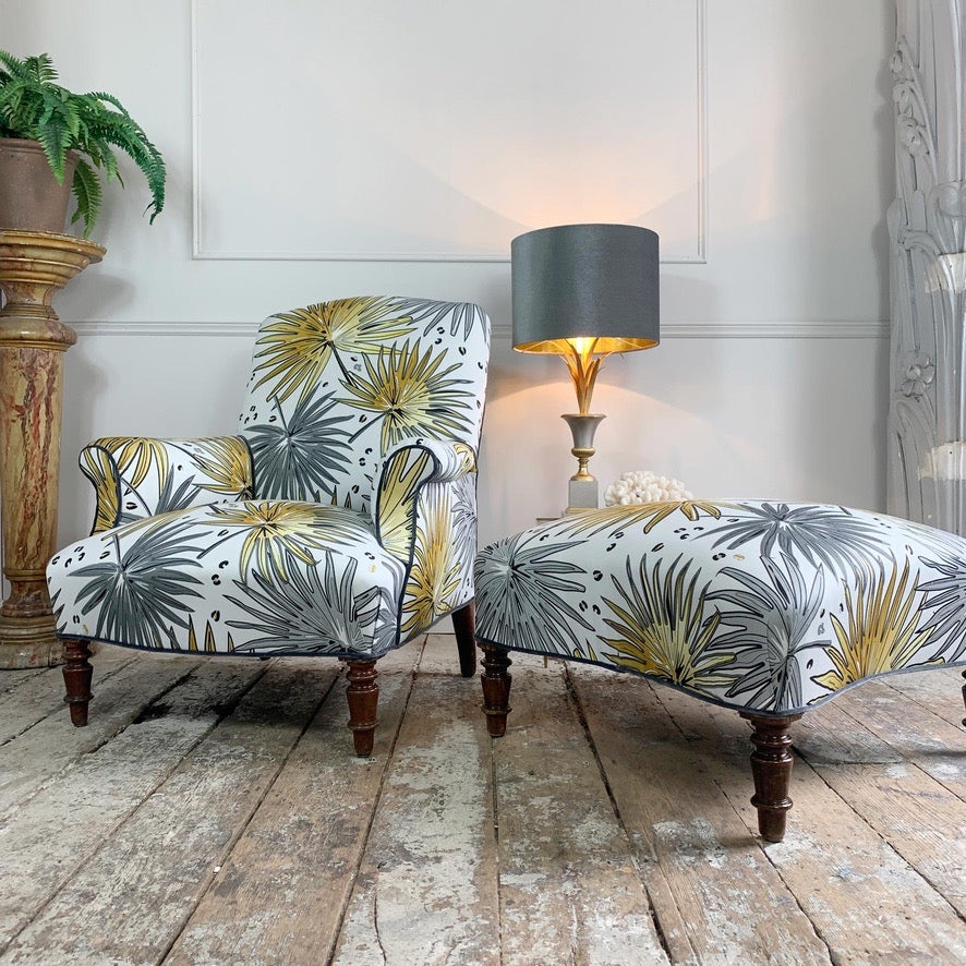 19th Century French Napoleon lll Armchair and Footstool in Tropics 'Fan Palm' Fabric