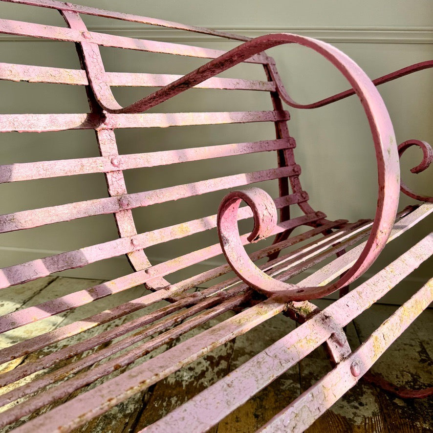 Early Victorian Scroll Arm Wrought Iron Pink Bench of Exceptional Proportions