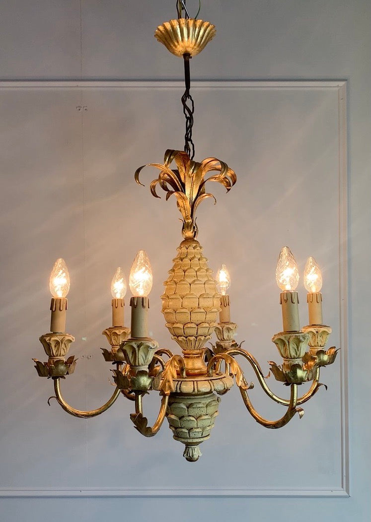 Italian Carved Wood Pineapple Chandelier 1970's