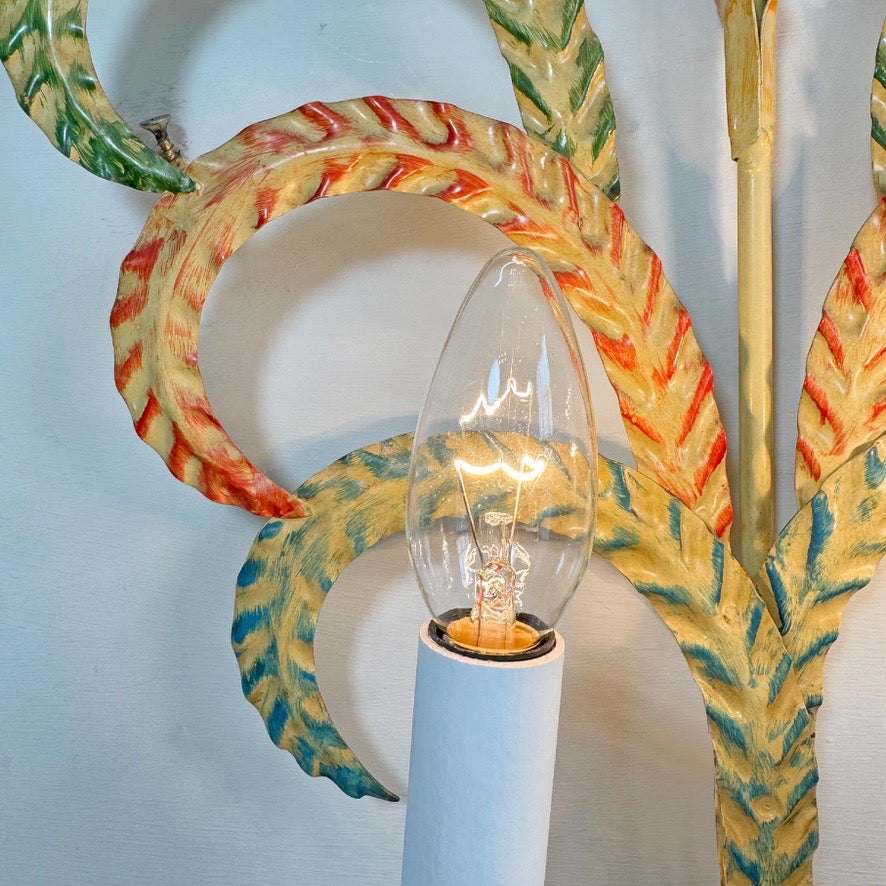 1970's Polychrome Feather Frond Wall Lights