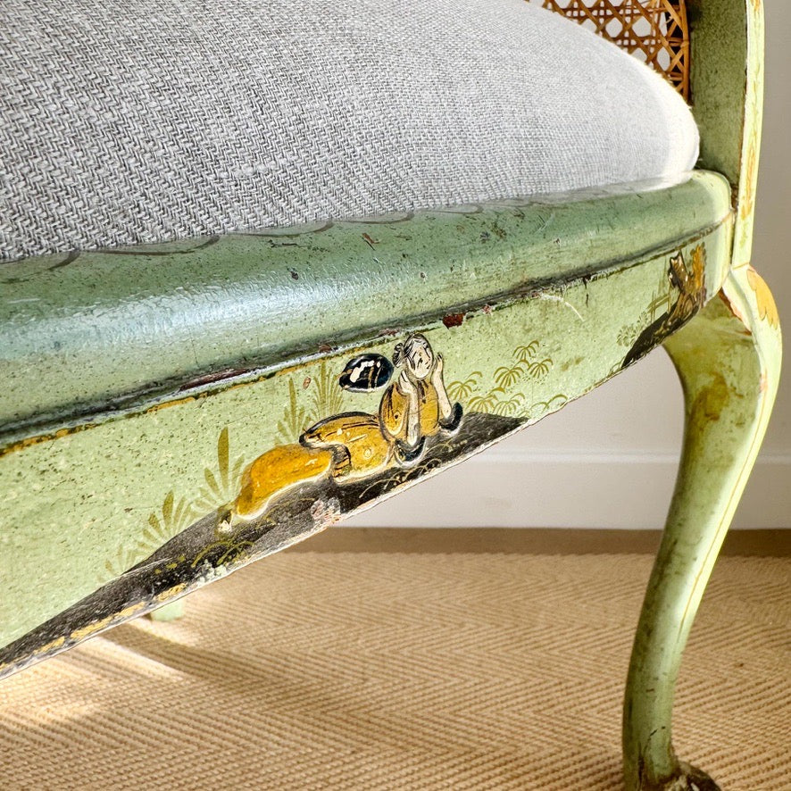 Pair of 19th Century Green Queen Anne Revival Chinoiserie Bergere Chairs