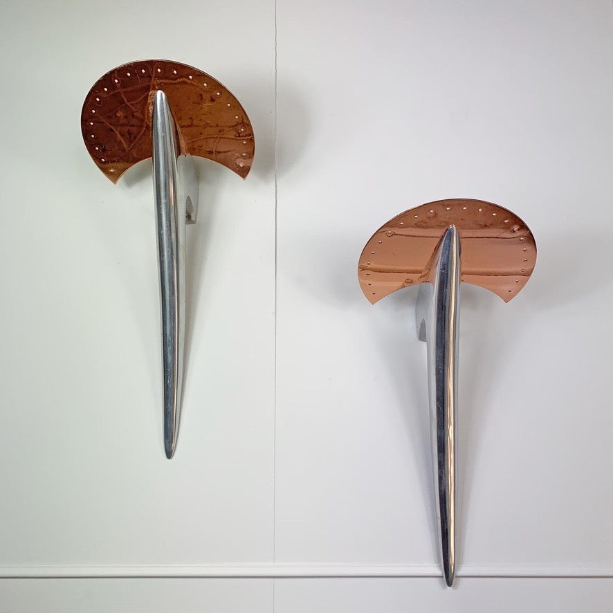 Pair of Copper & Silver Alien Wall Lights designed by Joan Auger
