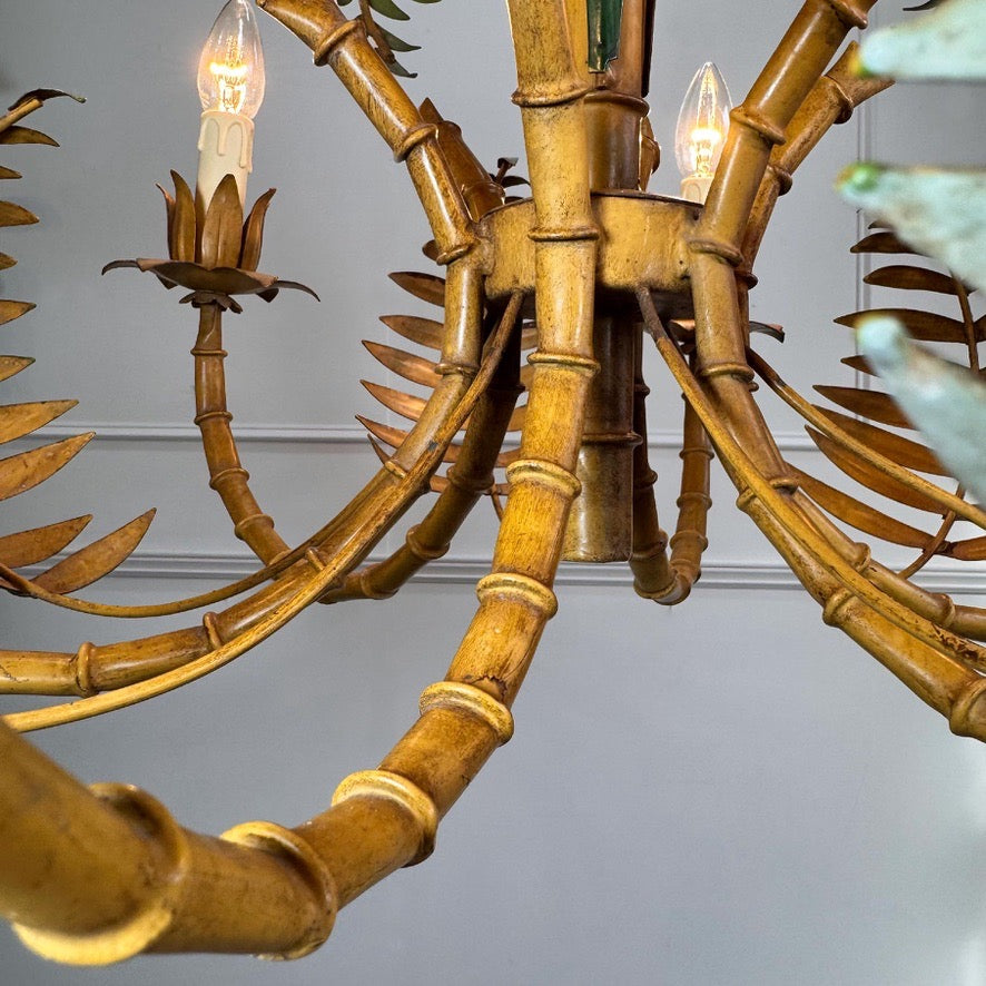 Large Faux Bamboo Palm Leaf Italian Tole Chandelier 1960's