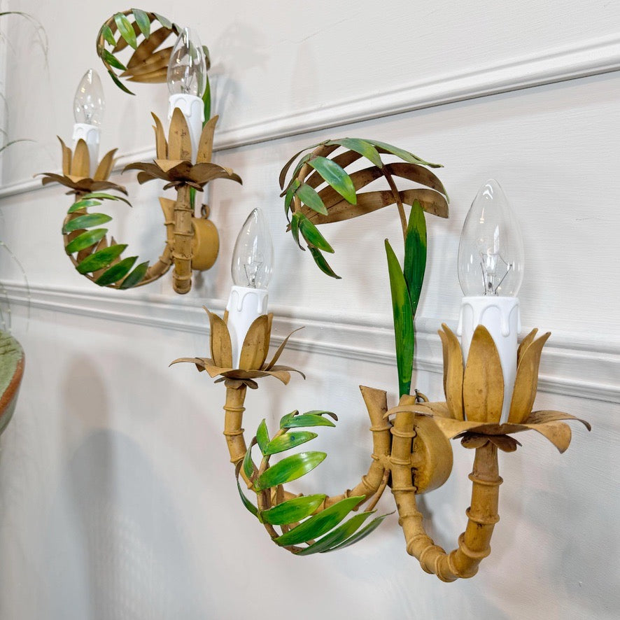 Vintage Pair of Faux Bamboo Palm Wall Lights 1950's Italian