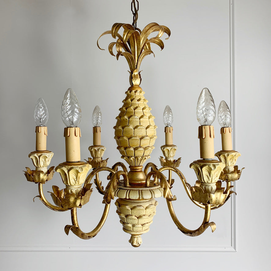Italian Carved Wood Pineapple Chandelier 1970's