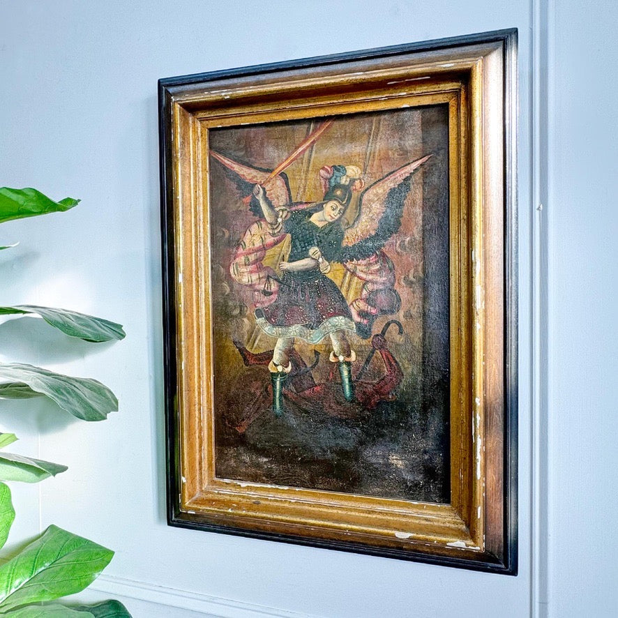 Cuzco School Oil Painting on Canvas of the Archangel Michael defeating Satan 18th Century