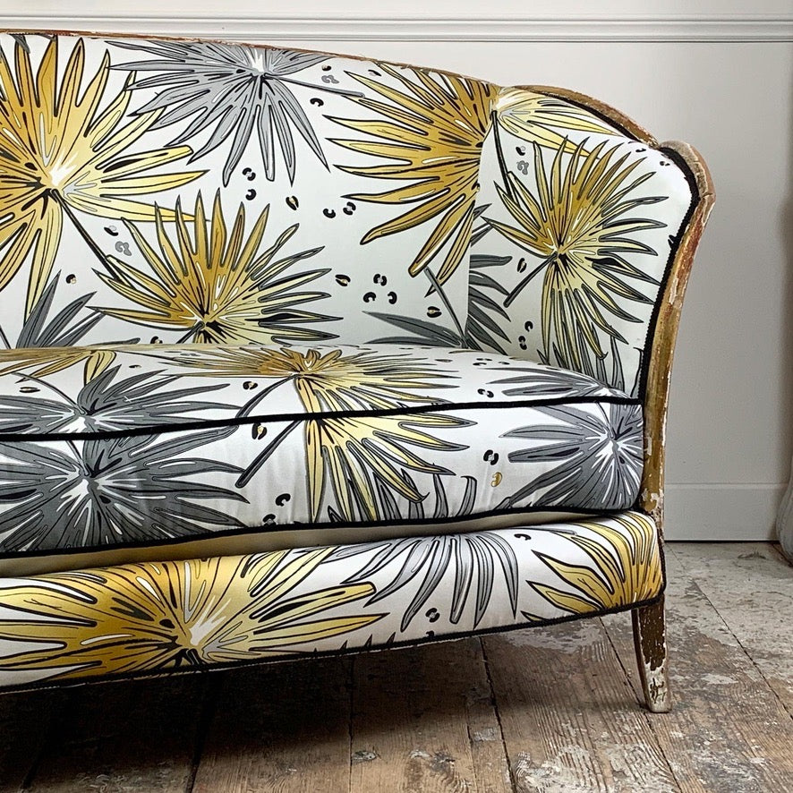 Antique French Parlour Settee in Tropics 'Fan Palm' Fabric