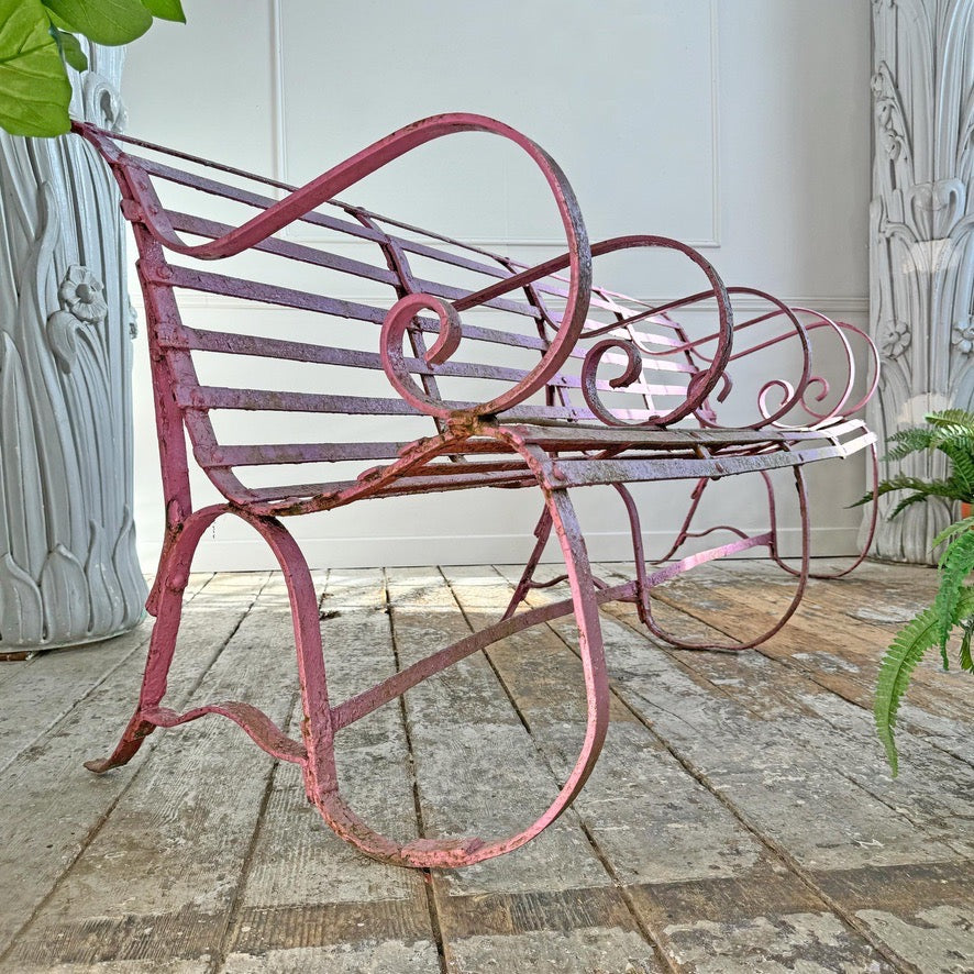 Early Victorian Scroll Arm Wrought Iron Pink Bench of Exceptional Proportions