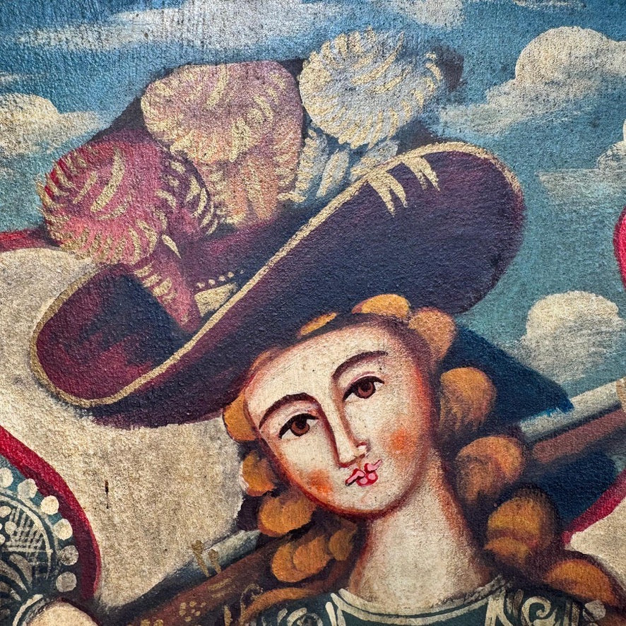 Antique Cuzco School Oil Painting On Canvas Archangel Raphael 19th Century