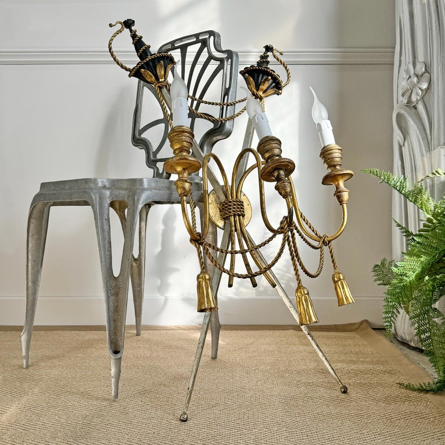 An Outstanding 1950's Italian Cross Sword and Gilt Rope Tassel Wall Light