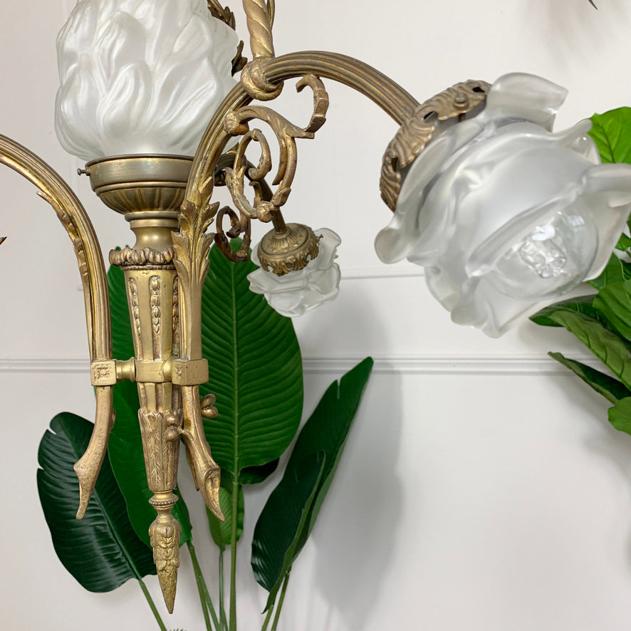 Art Nouveau Bronze and Glass Torchiere and Flower Chandelier circa 1905
