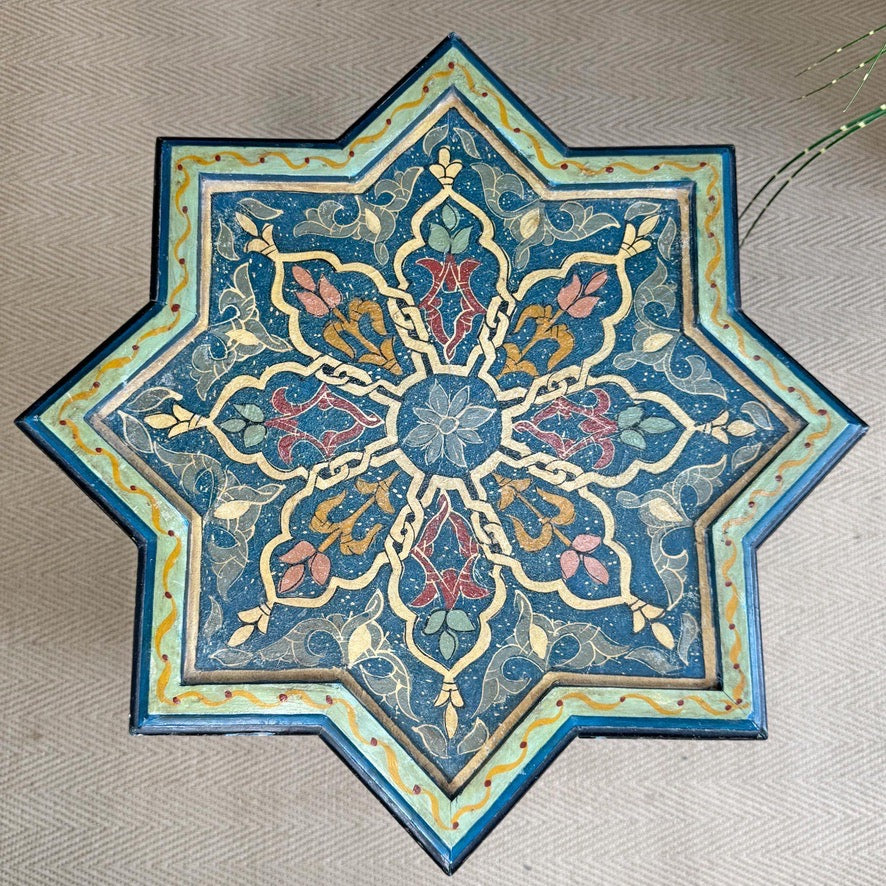 Mid Century Moroccan Painted Blue Wooden Star Table