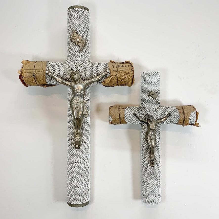 1930's French White Glass Bead and Zinc Memorial Crucifixes