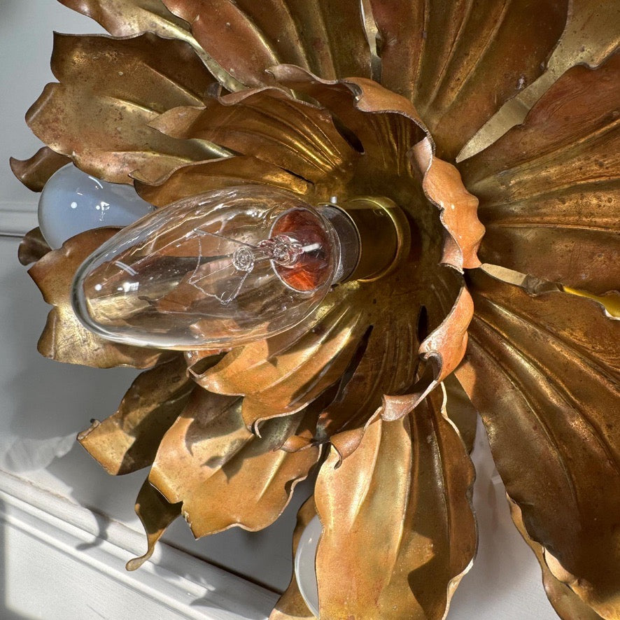 Mid Century Brutalist Copper and Brass Flower Ceiling Light