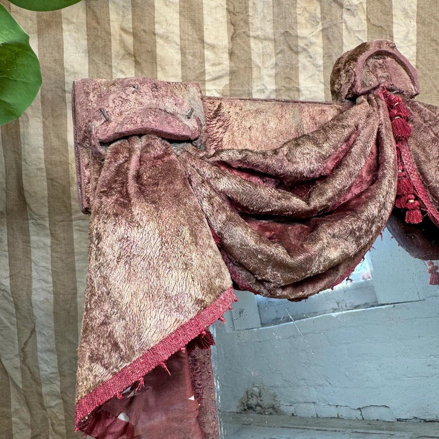 Theatrical Burgundy Antique Velvet Mirror with Drapes and Swags 19th Century