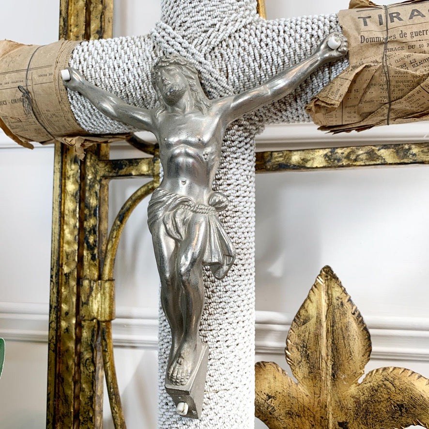 1930's French White Glass Bead and Zinc Memorial Crucifixes