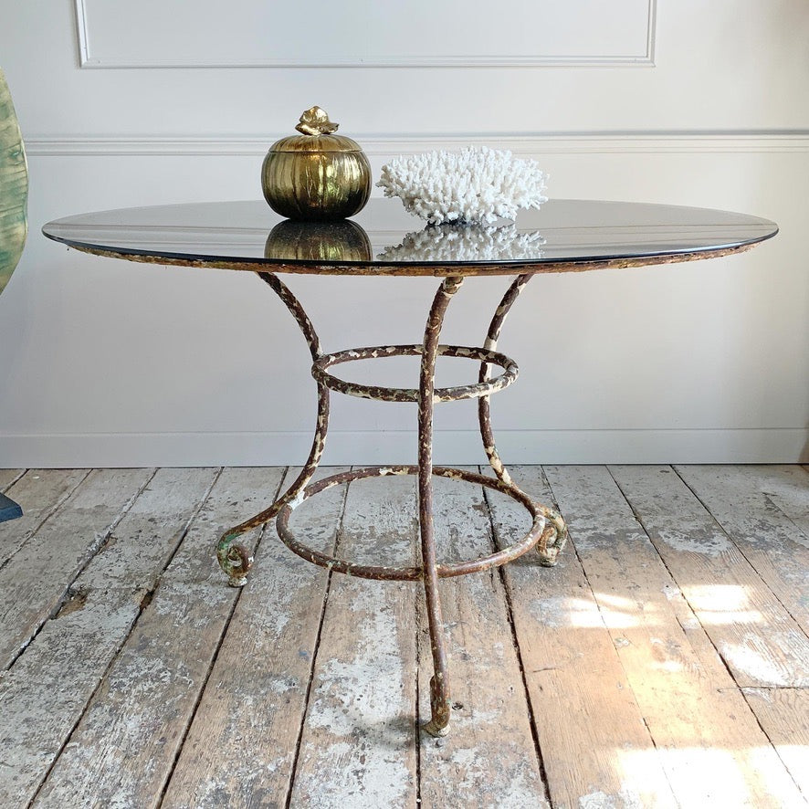 19th Century Large French Wrought Iron Table with Glass Top