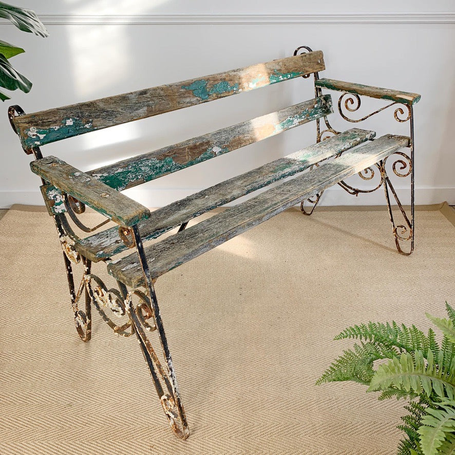 1950's Wrought Iron Slatted Garden Bench