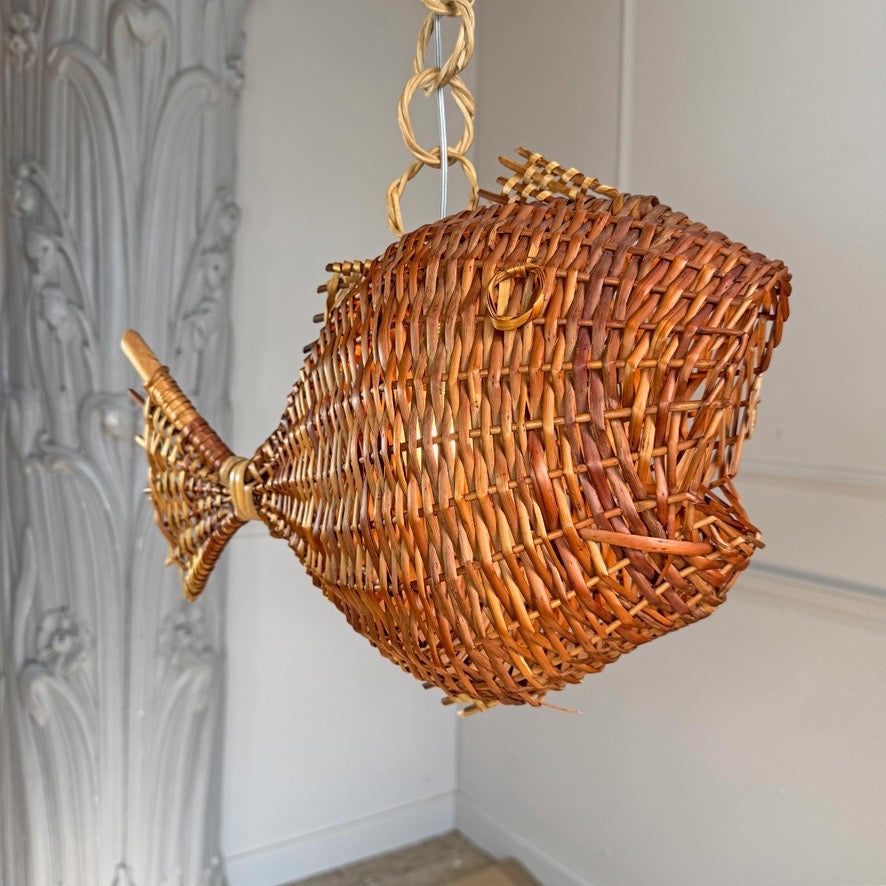 Wicker Fish Ceiling Light Mid Century France