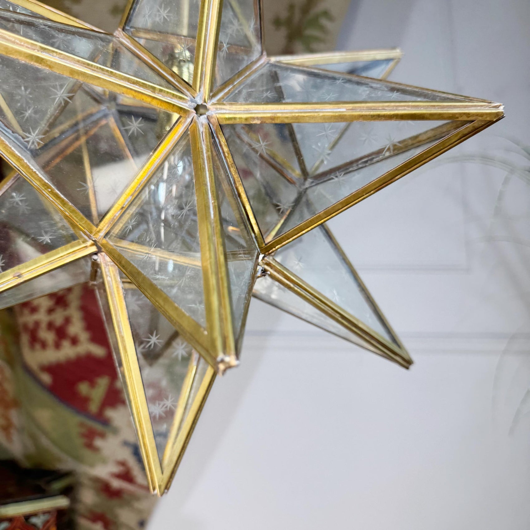 1920's Moravian Glass Star Pendant Ceiling Light with Etched Star Decoration
